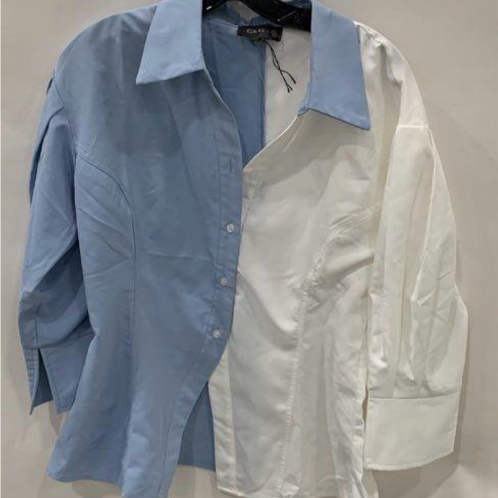 García  Two-Tone Light Blue & White Button-Down Shirt- Sleeves to Elbows Sz L